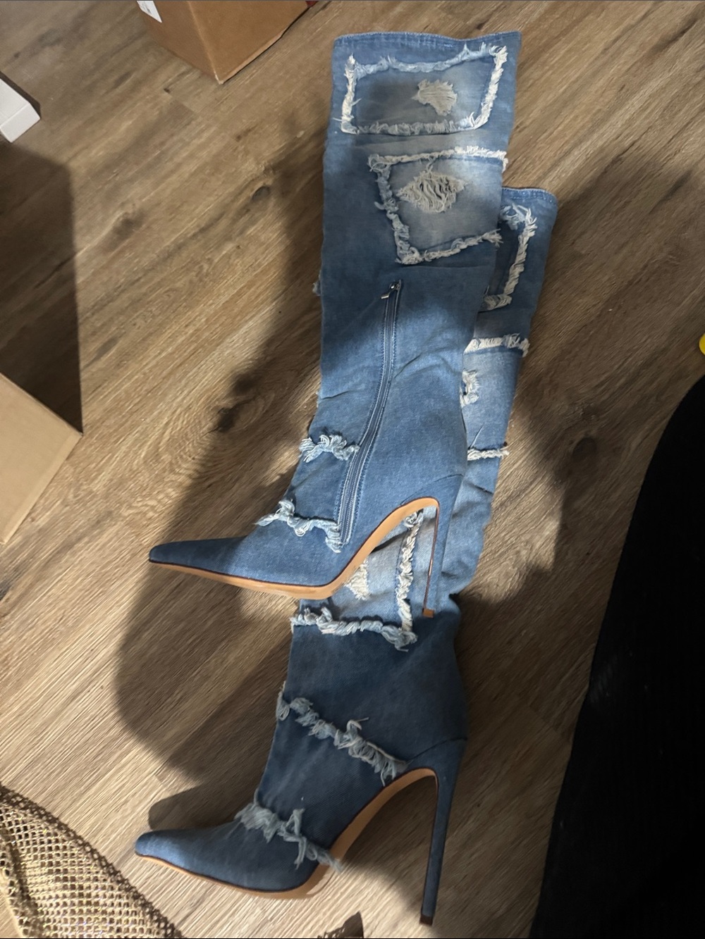 AKIRA Distressed Denim Over-the-Knee Stiletto Boots - Blue